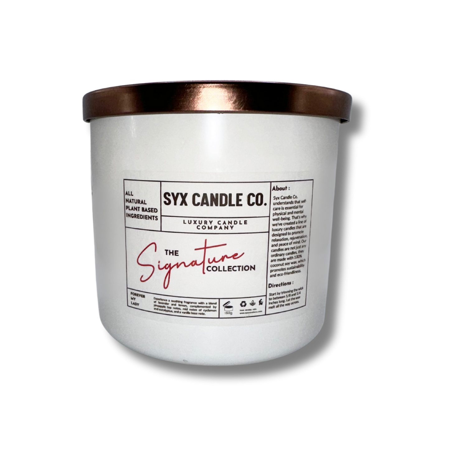 Forever My Lady luxury candle with lavender, lemon, and vanilla fragrance, featuring 18 oz soy and coconut wax with two cotton wicks.