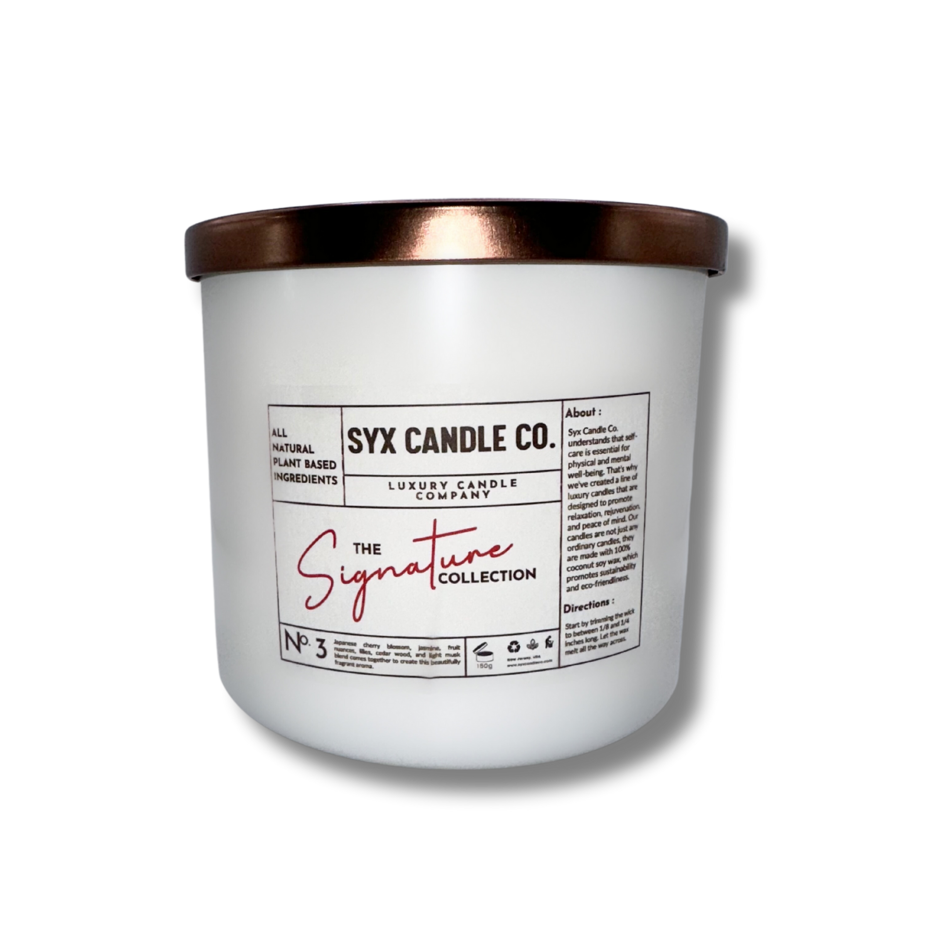 No. 3 luxury botanical candle with Japanese cherry blossoms, jasmine, fruit accents, lilies, cedarwood, and musk, made with soy and coconut wax