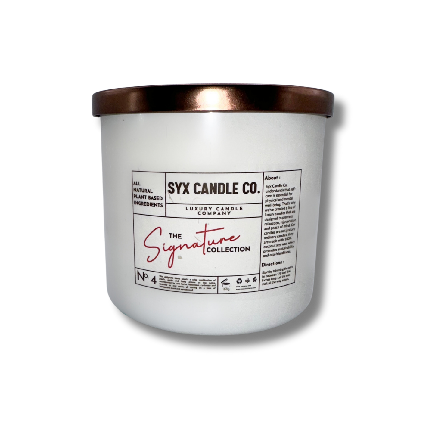 No. 4 luxury candle featuring peach, apple, lavender, herbs, and sandalwood, made with soy and coconut wax and two cotton wicks