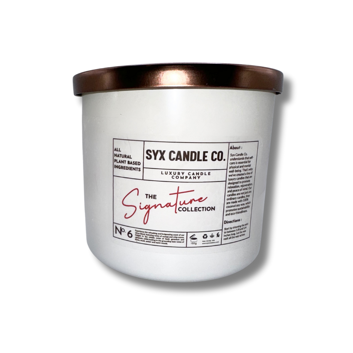 No. 6 luxury candle with citrus orange, basil, musk, and warm woods, made with soy and coconut wax and two cotton wicks